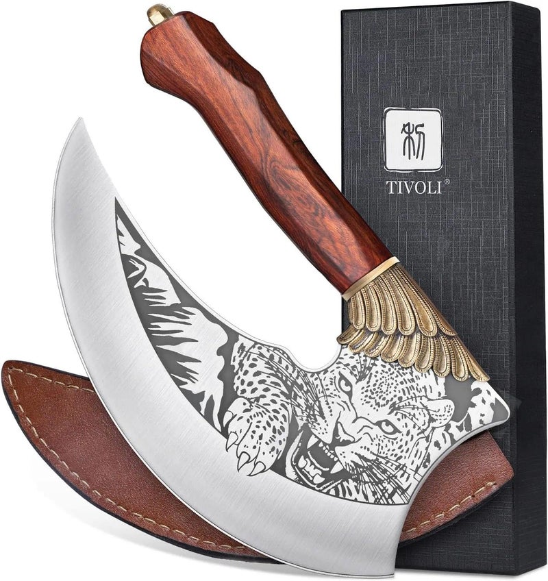 Tivoli Ulu Knife 9-inch Pizza Cutter Axe, Viking Butcher Cleaver Knife, German 1.4116 Super Steel Rose Wooden Handle with Sheath & Box, Mincing Meat Vegetable Rocking Knives Birthday Gift Men Women - Image 1